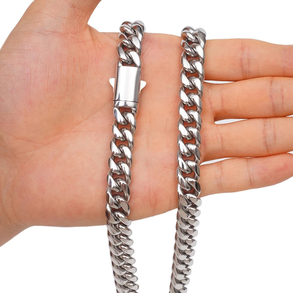 6mm-14mm Hip Hop Bling Silver Color Stainless Steel Cuban Miami Link Chain Necklaces for Men Women Jewelry