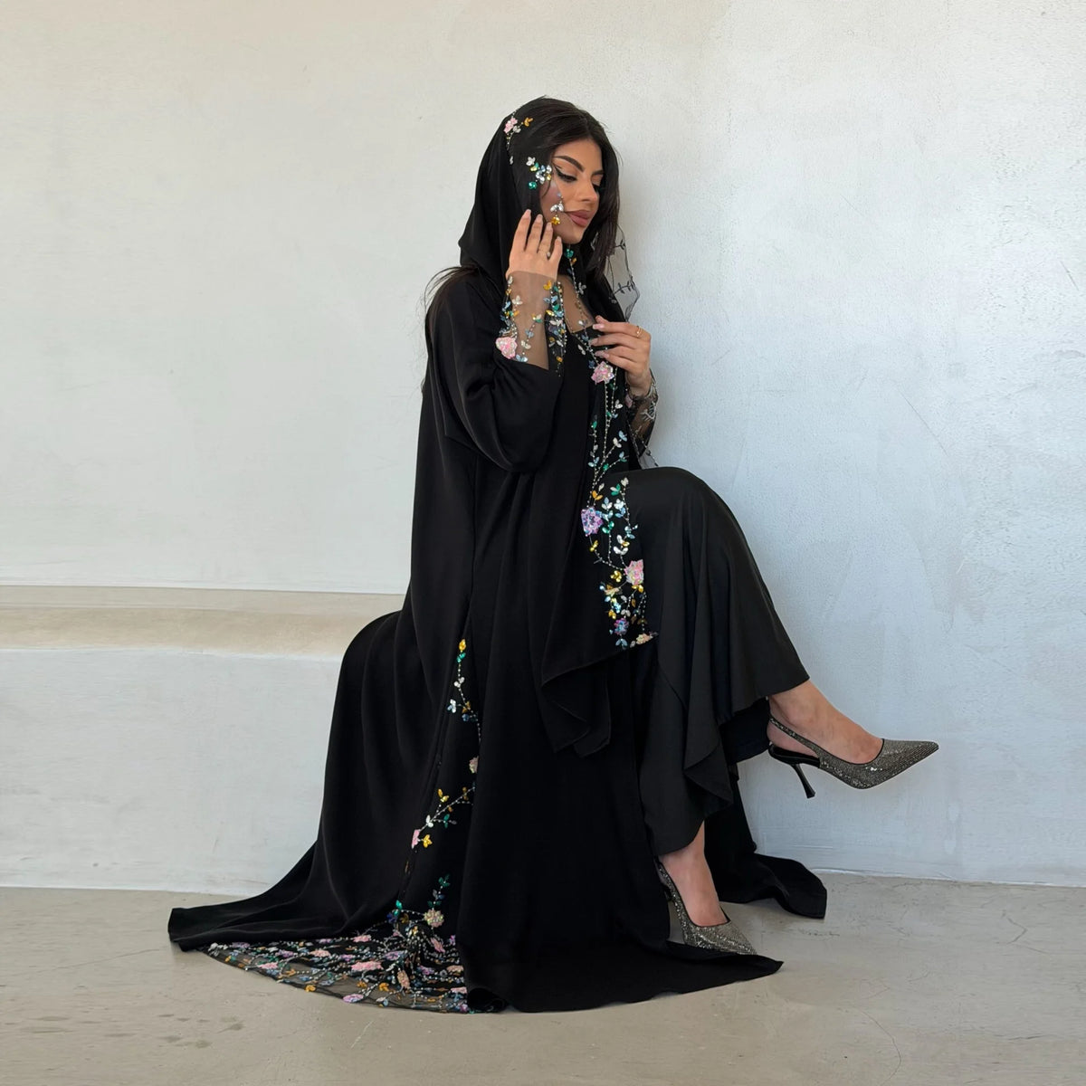 Eid Dress Women Embroidery Lace Muslim Party Abaya Dresses 2 Piece Sets Headscarf Long Robe Jalabiya Kaftan Vestidos Morocco