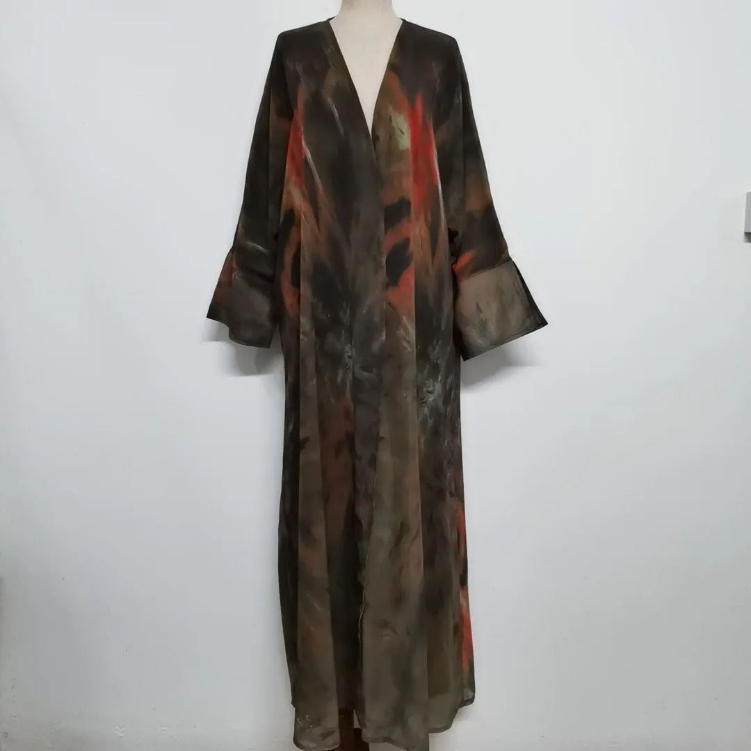 Islamic Clothing Printed Open Front Abaya Full Sleeve Maxi Dress Women Jilbabs Turkey Robe Caftan Muslim Kaftans Arabian Abayas