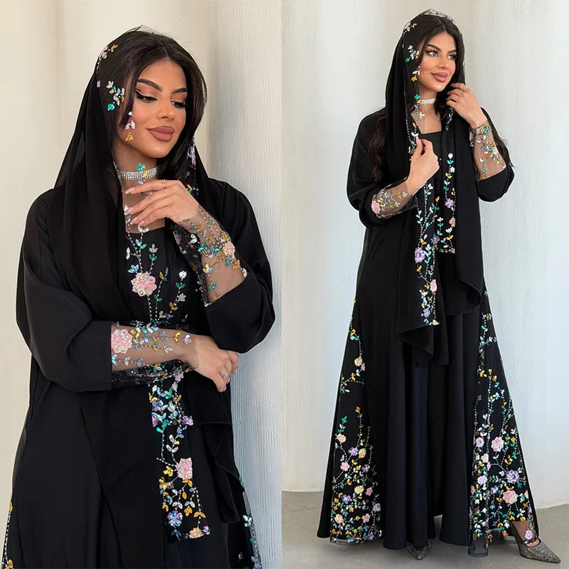 Eid Dress Women Embroidery Lace Muslim Party Abaya Dresses 2 Piece Sets Headscarf Long Robe Jalabiya Kaftan Vestidos Morocco