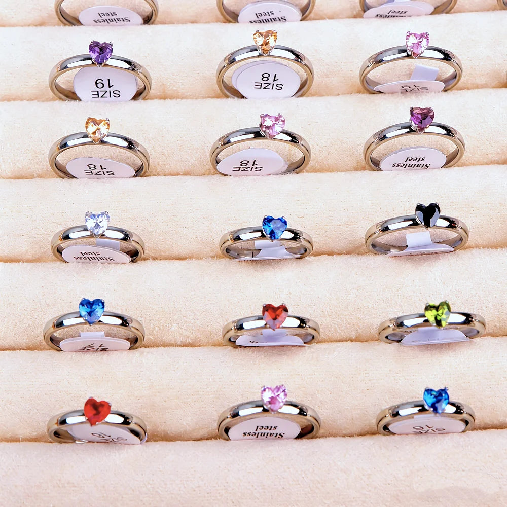10/20/30/50Pcs/Lot Fashion Colorful Zircon Heart Stainless Steel Rings For Women Mix Color Trendy Wedding Gifts Party Jewelry