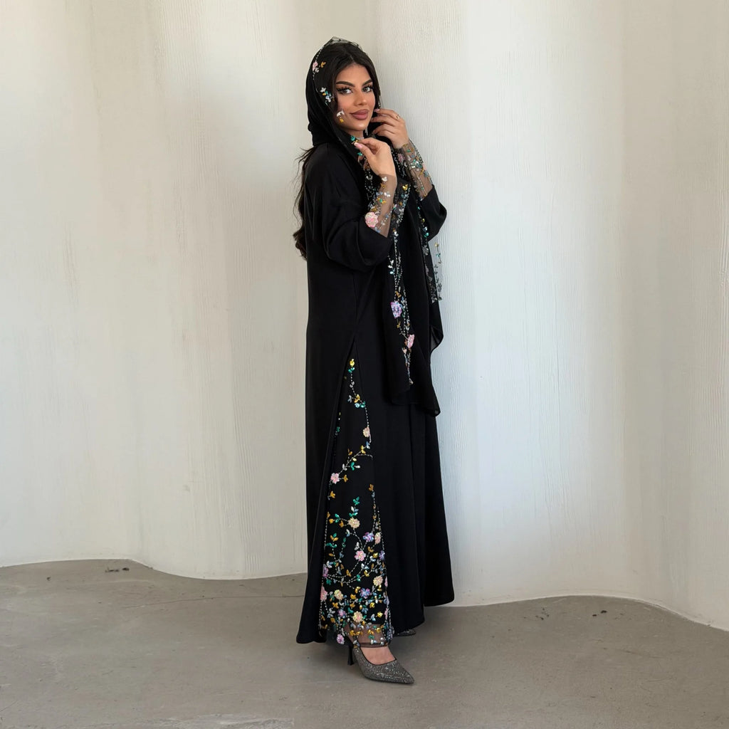Eid Dress Women Embroidery Lace Muslim Party Abaya Dresses 2 Piece Sets Headscarf Long Robe Jalabiya Kaftan Vestidos Morocco
