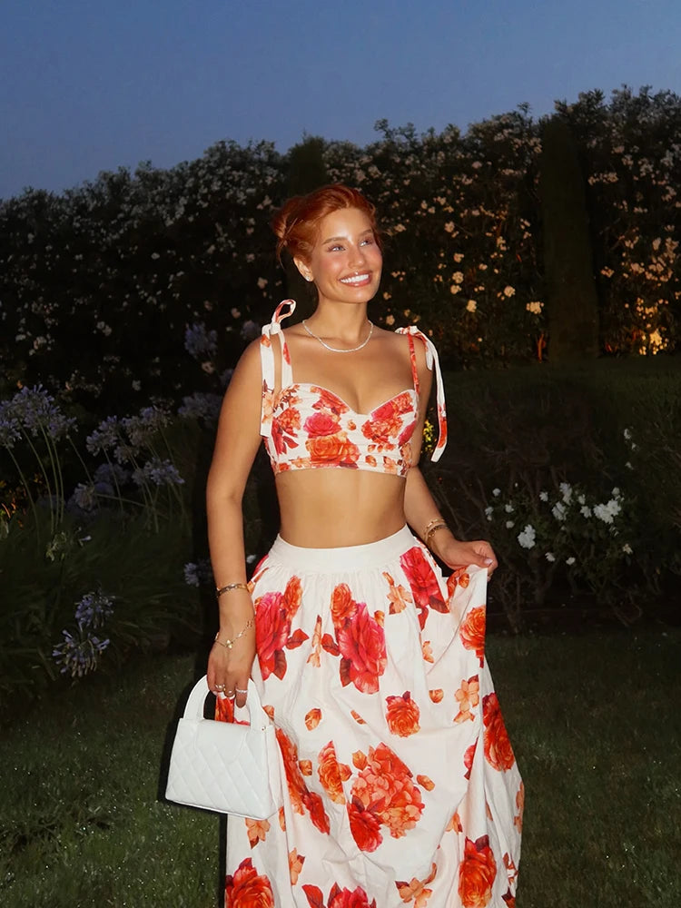 Elegant Floral Two Piece Set Sweetheart Crop Bustier High Waist Flowy A Line Midi Skirt Women Summer Daily Vacation Party Outfit