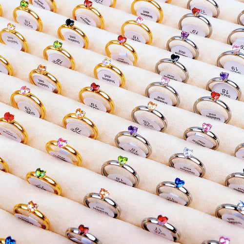 10/20/30/50Pcs/Lot Fashion Colorful Zircon Heart Stainless Steel Rings For Women Mix Color Trendy Wedding Gifts Party Jewelry