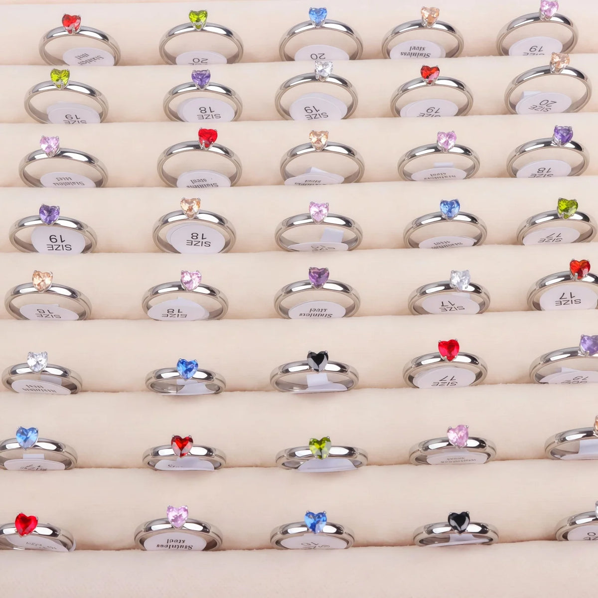 10/20/30/50Pcs/Lot Fashion Colorful Zircon Heart Stainless Steel Rings For Women Mix Color Trendy Wedding Gifts Party Jewelry