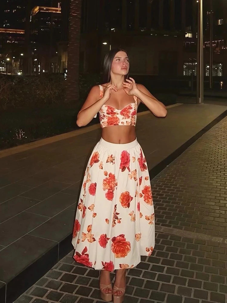 Elegant Floral Two Piece Set Sweetheart Crop Bustier High Waist Flowy A Line Midi Skirt Women Summer Daily Vacation Party Outfit