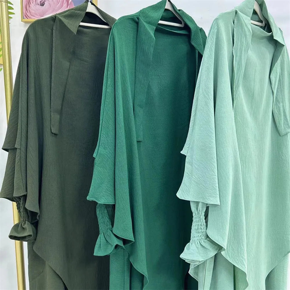Hijabi Abaya Khimar Set Smocked Cuff Loose Abaya Dress + 2 Layer Hijab Scarf, Islamic Prayer Clothes Jilbab Ramadan Muslim Women