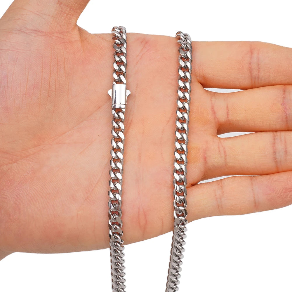 6mm-14mm Hip Hop Bling Silver Color Stainless Steel Cuban Miami Link Chain Necklaces for Men Women Jewelry