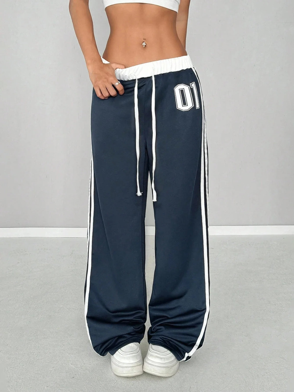Women’s Colour-Blocked Digital-Print Belted Patchwork Casual Sports Streetwear Loose-Fit Long Sports Trousers
