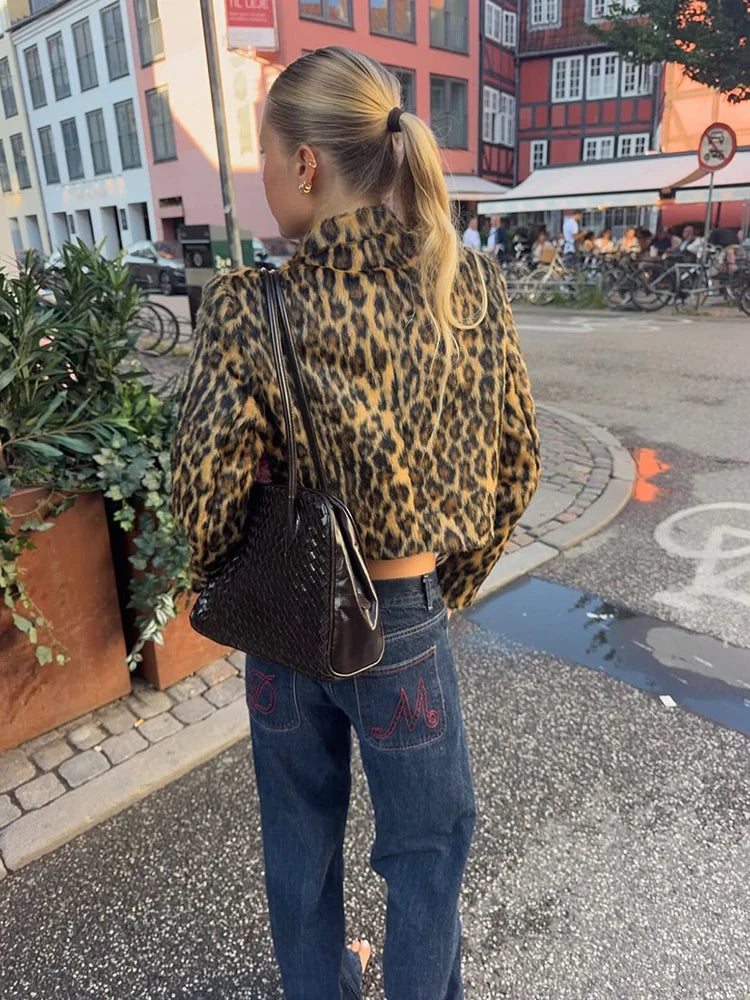 Women Leopard Print Faux Fur Jacket Mandarin Collar Chinese Frog Closure Cropped Vintage Y2K Slim Fit Coat Ladies Outerwear