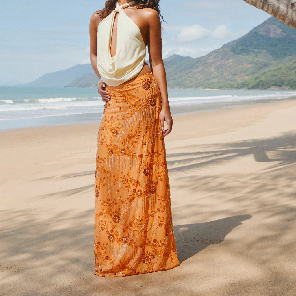 Women Sequins Sexy Maxi Skirts Summer Y2K Pearl Embellished Glitter Low Waist Elegant Clubwear Sparkle Bodycon Long Skirts