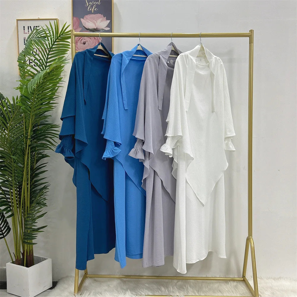 Hijabi Abaya Khimar Set Smocked Cuff Loose Abaya Dress + 2 Layer Hijab Scarf, Islamic Prayer Clothes Jilbab Ramadan Muslim Women