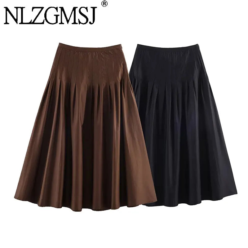 Nlzgmsj 2026 New Vintage Solid Color Midi Skirt Wrinkles Waist  Long Skirts For Women Fashion High Street Casual Holiday Skirt
