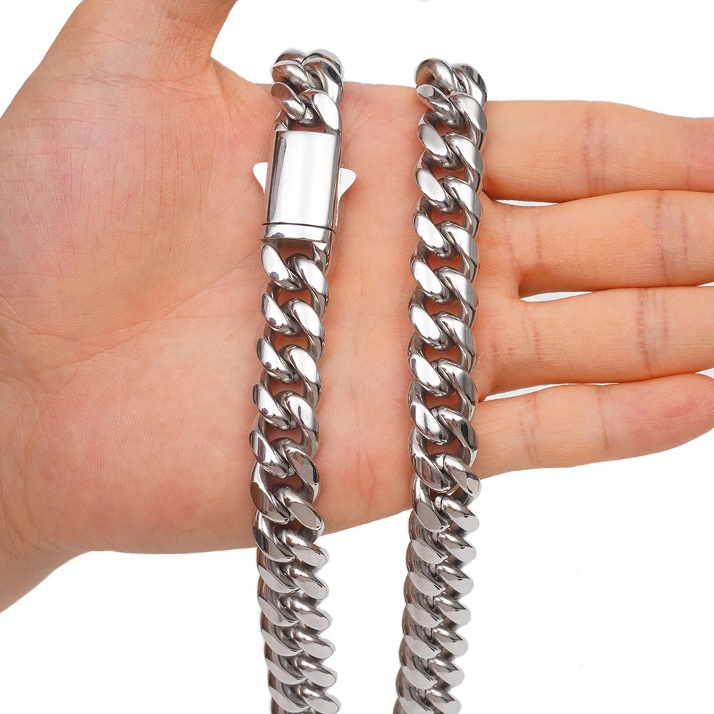 6mm-14mm Hip Hop Bling Silver Color Stainless Steel Cuban Miami Link Chain Necklaces for Men Women Jewelry