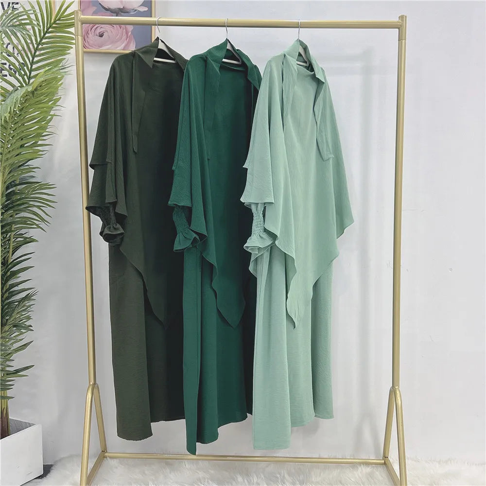 Hijabi Abaya Khimar Set Smocked Cuff Loose Abaya Dress + 2 Layer Hijab Scarf, Islamic Prayer Clothes Jilbab Ramadan Muslim Women