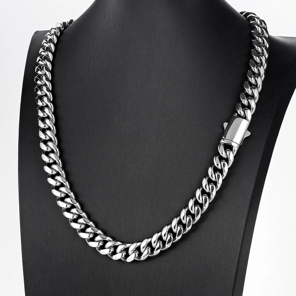 6mm-14mm Hip Hop Bling Silver Color Stainless Steel Cuban Miami Link Chain Necklaces for Men Women Jewelry