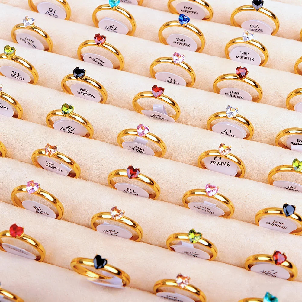 10/20/30/50Pcs/Lot Fashion Colorful Zircon Heart Stainless Steel Rings For Women Mix Color Trendy Wedding Gifts Party Jewelry