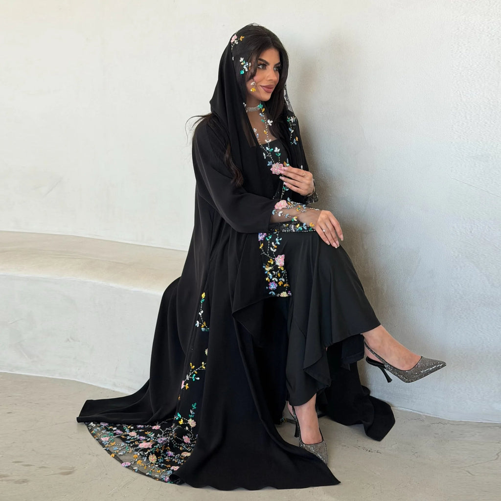 Eid Dress Women Embroidery Lace Muslim Party Abaya Dresses 2 Piece Sets Headscarf Long Robe Jalabiya Kaftan Vestidos Morocco