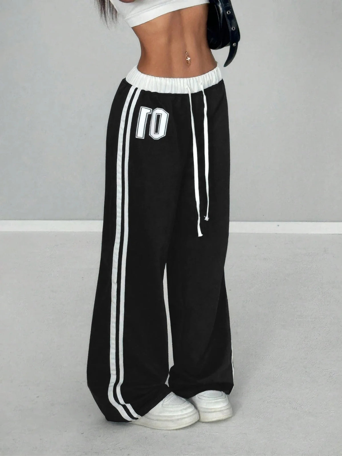 Women’s Colour-Blocked Digital-Print Belted Patchwork Casual Sports Streetwear Loose-Fit Long Sports Trousers