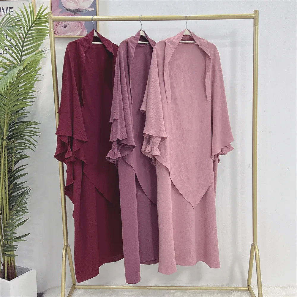 Hijabi Abaya Khimar Set Smocked Cuff Loose Abaya Dress + 2 Layer Hijab Scarf, Islamic Prayer Clothes Jilbab Ramadan Muslim Women