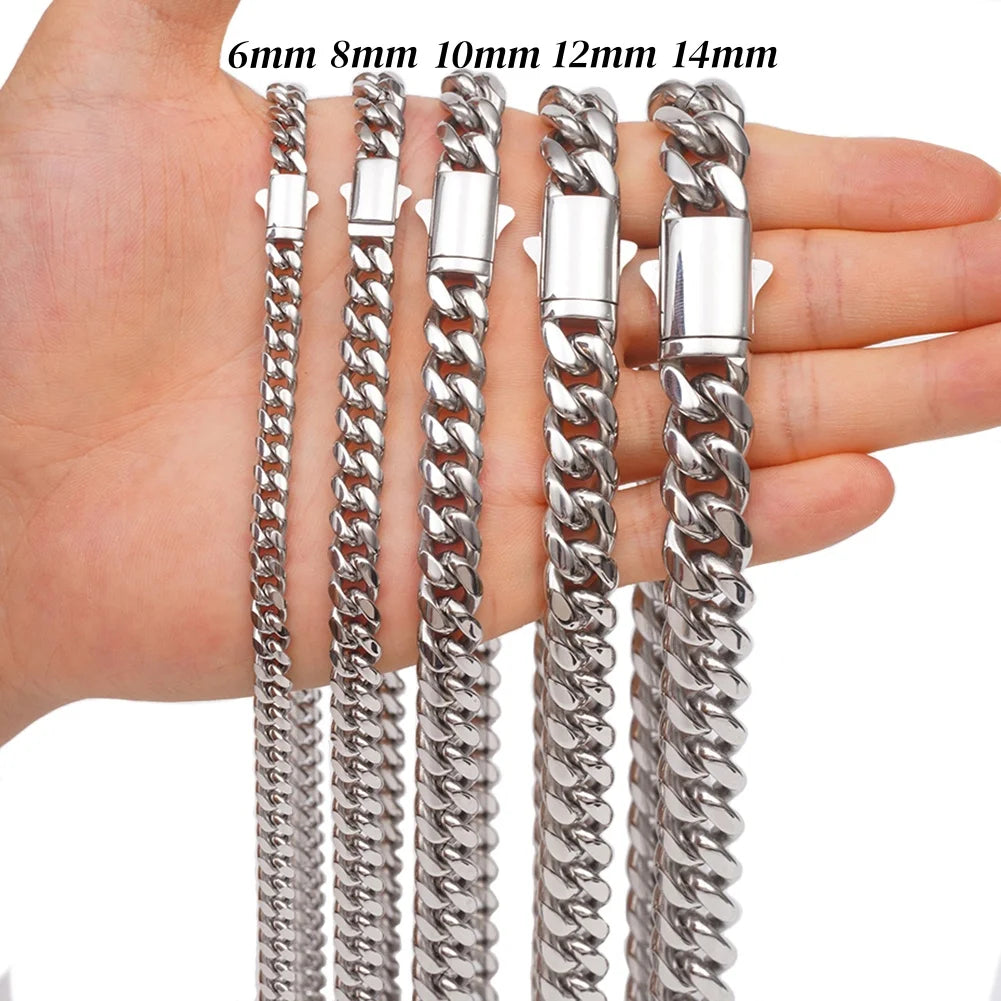 6mm-14mm Hip Hop Bling Silver Color Stainless Steel Cuban Miami Link Chain Necklaces for Men Women Jewelry