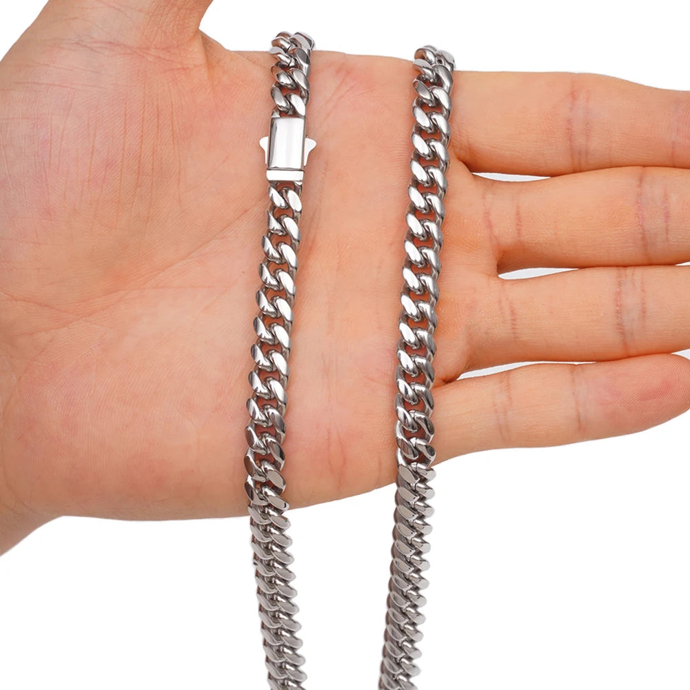 6mm-14mm Hip Hop Bling Silver Color Stainless Steel Cuban Miami Link Chain Necklaces for Men Women Jewelry