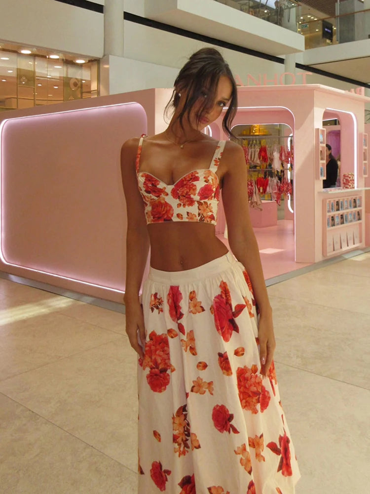 Elegant Floral Two Piece Set Sweetheart Crop Bustier High Waist Flowy A Line Midi Skirt Women Summer Daily Vacation Party Outfit