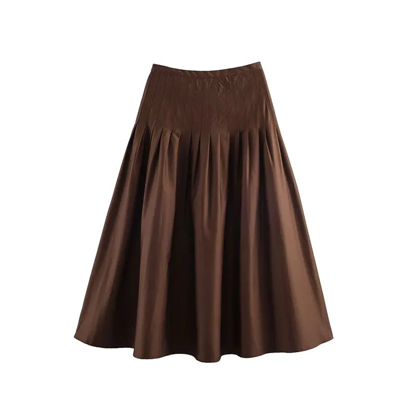 Nlzgmsj 2026 New Vintage Solid Color Midi Skirt Wrinkles Waist  Long Skirts For Women Fashion High Street Casual Holiday Skirt