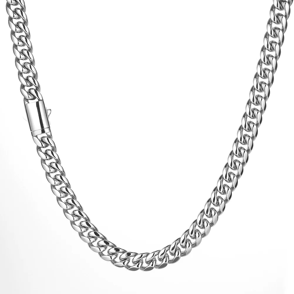 6mm-14mm Hip Hop Bling Silver Color Stainless Steel Cuban Miami Link Chain Necklaces for Men Women Jewelry