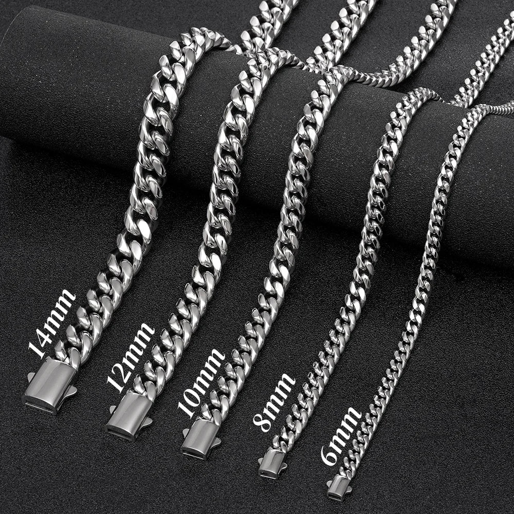 6mm-14mm Hip Hop Bling Silver Color Stainless Steel Cuban Miami Link Chain Necklaces for Men Women Jewelry