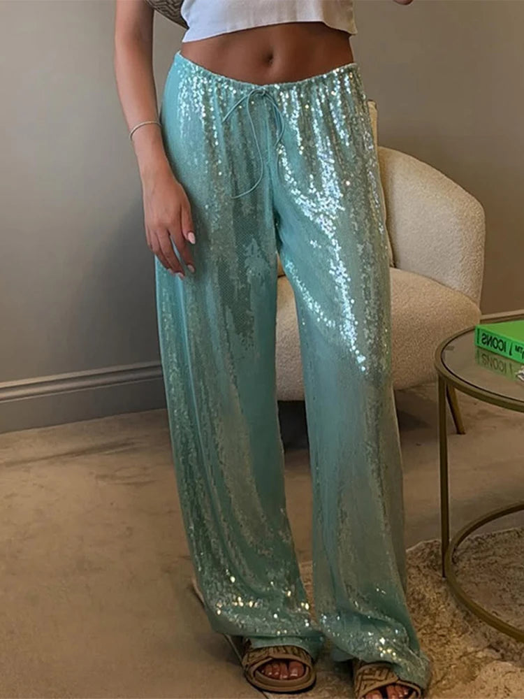 Y2K Sequin Lace Up Pants Women Elastic Low Waist Wide Leg Trousers Female 2026 Spring Summer Lady Shiny Party Clubwear Street