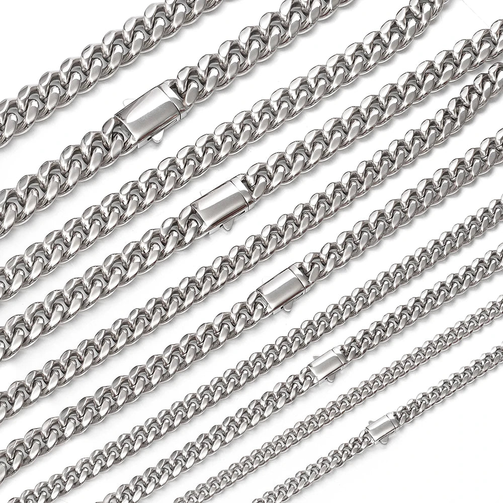6mm-14mm Hip Hop Bling Silver Color Stainless Steel Cuban Miami Link Chain Necklaces for Men Women Jewelry