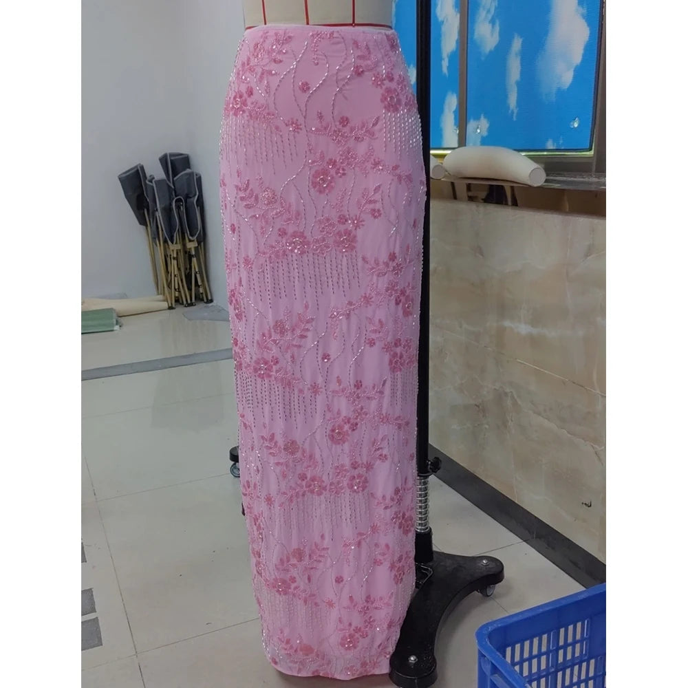 Women Sequins Sexy Maxi Skirts Summer Y2K Pearl Embellished Glitter Low Waist Elegant Clubwear Sparkle Bodycon Long Skirts