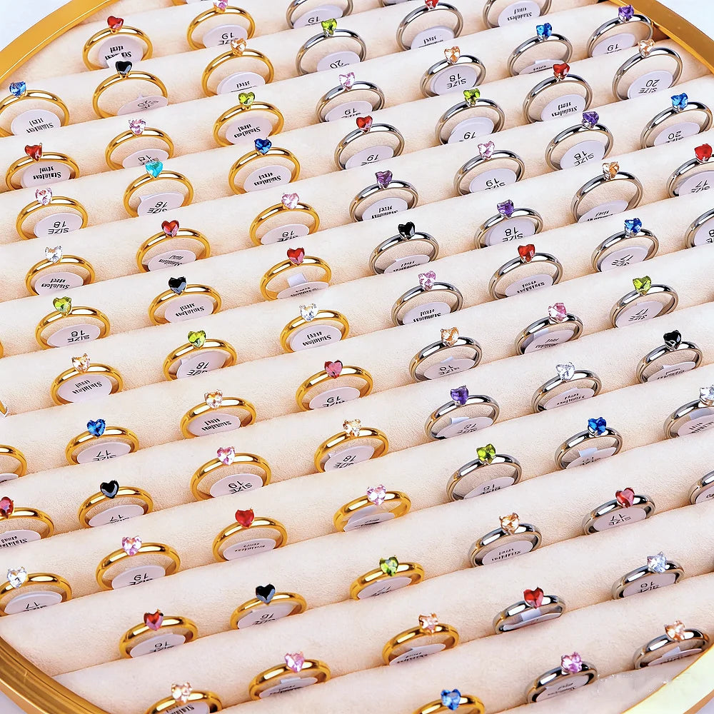 10/20/30/50Pcs/Lot Fashion Colorful Zircon Heart Stainless Steel Rings For Women Mix Color Trendy Wedding Gifts Party Jewelry