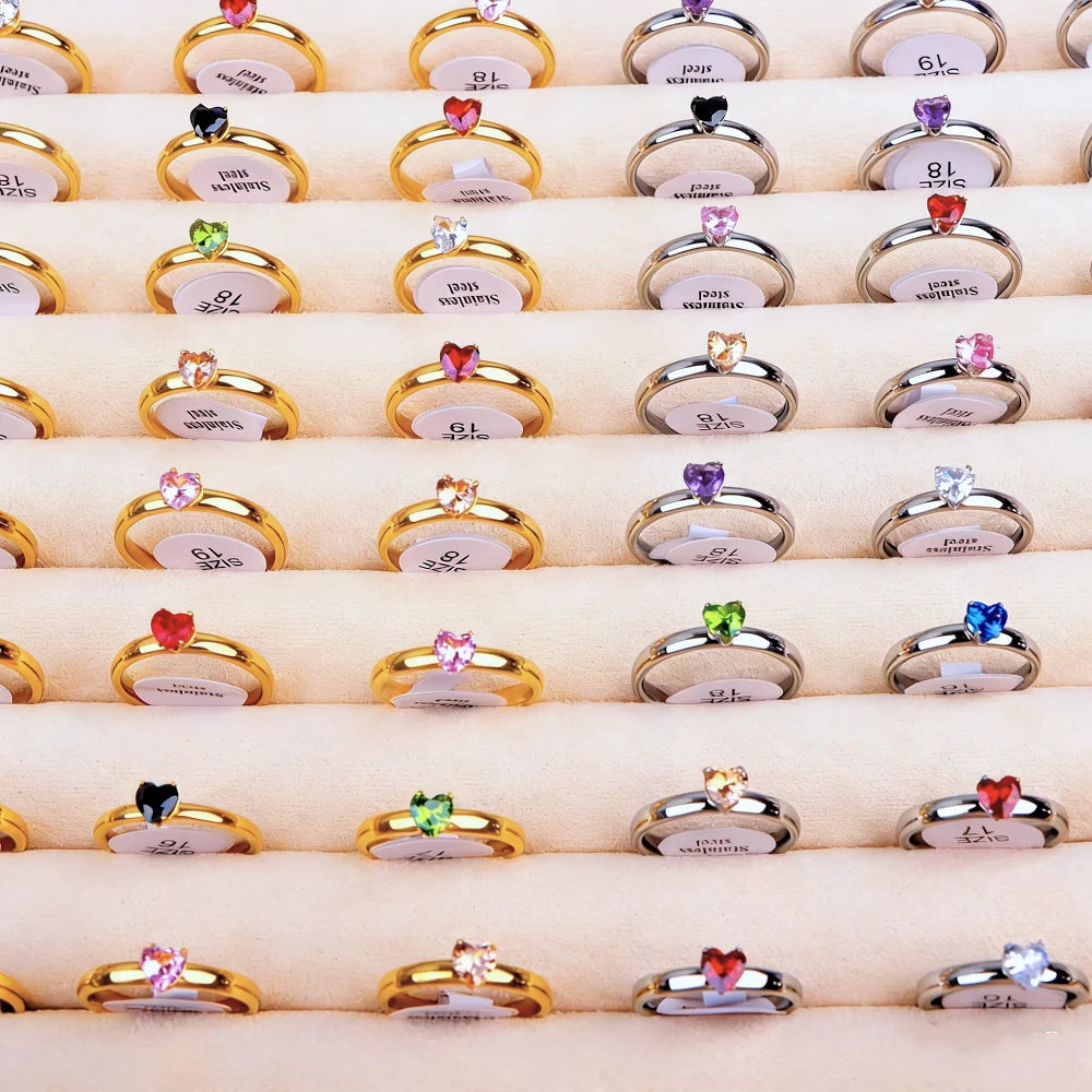 10/20/30/50Pcs/Lot Fashion Colorful Zircon Heart Stainless Steel Rings For Women Mix Color Trendy Wedding Gifts Party Jewelry