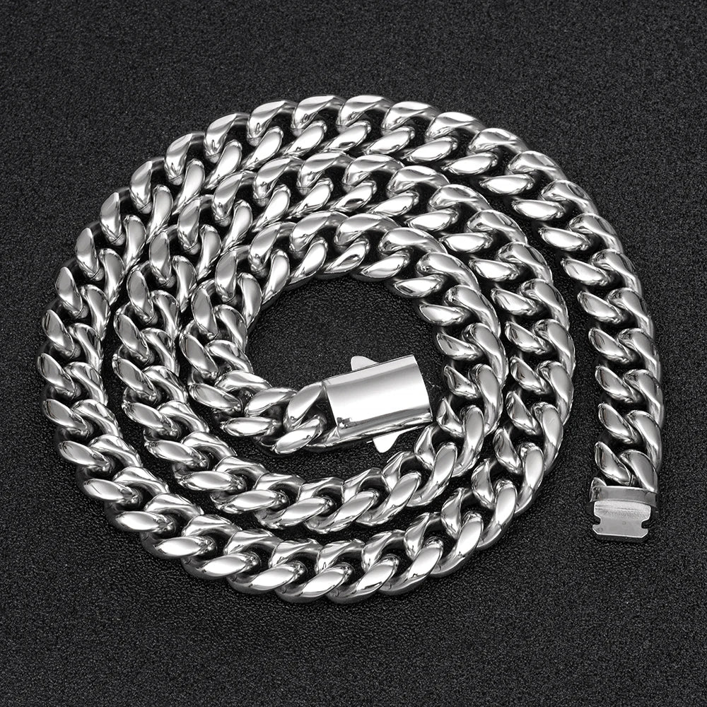 6mm-14mm Hip Hop Bling Silver Color Stainless Steel Cuban Miami Link Chain Necklaces for Men Women Jewelry