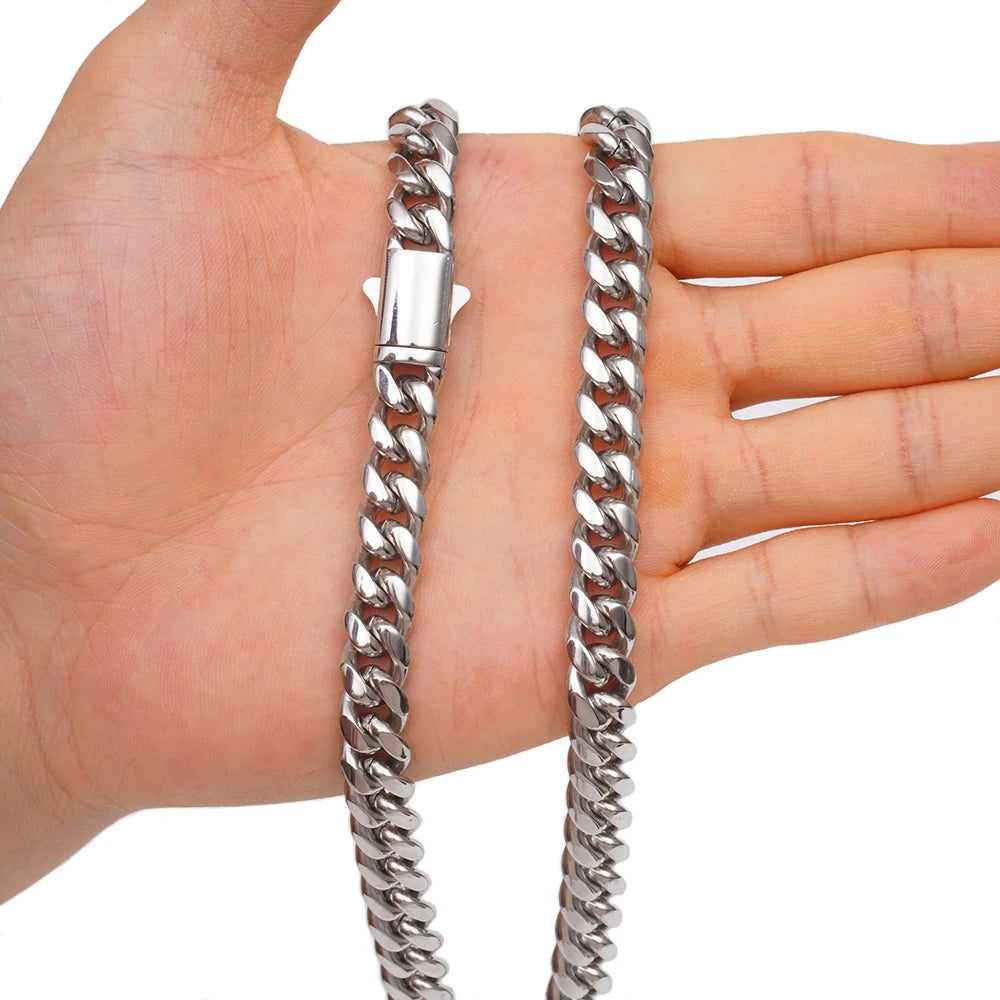 6mm-14mm Hip Hop Bling Silver Color Stainless Steel Cuban Miami Link Chain Necklaces for Men Women Jewelry