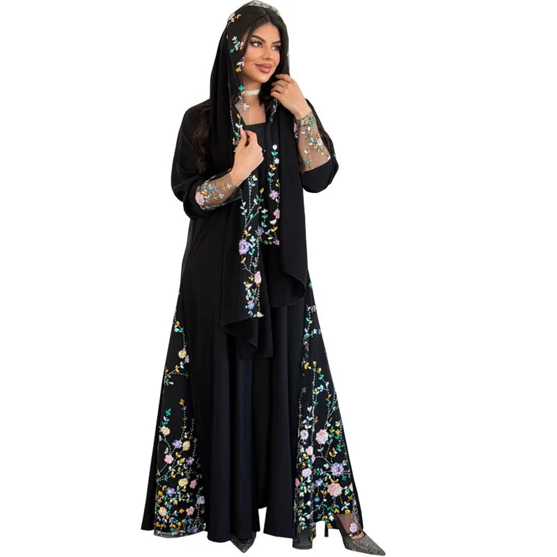Eid Dress Women Embroidery Lace Muslim Party Abaya Dresses 2 Piece Sets Headscarf Long Robe Jalabiya Kaftan Vestidos Morocco